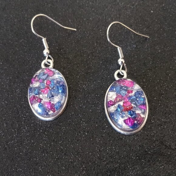 Handmade Jewelry - Blue and purple crushed glass silver glitter oval shaped dangle earrings new